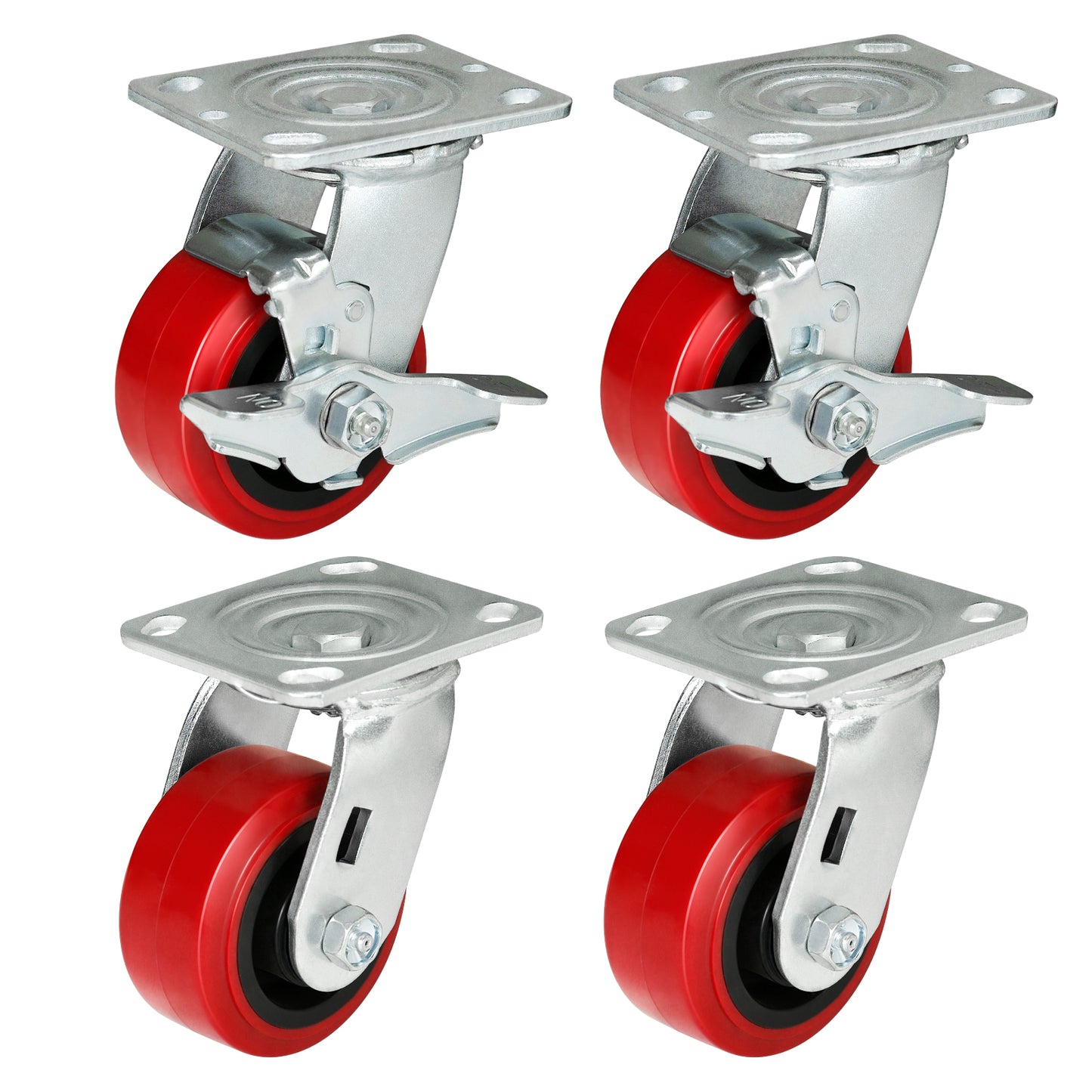 THEGRTCWS Industrial Plastic Brake Caster ,Load Capacity 750 lbs Per Wheel，Heavy-Duty Solid Polyurethane Wheels with Stainless Steel Brackets for Food Processing, Pharmaceutical Labs