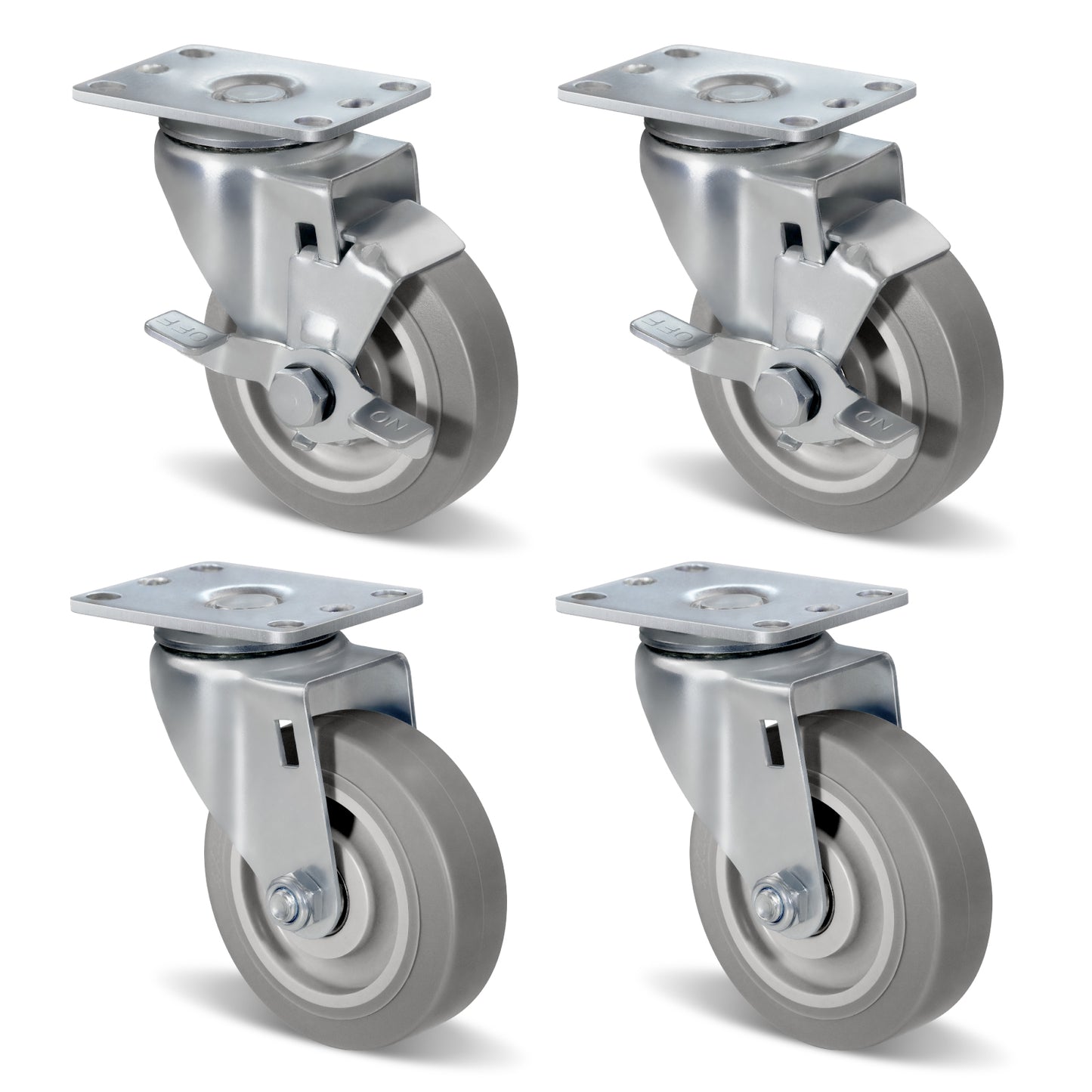 THEGRTCWS 4" Heavy Duty Non-Metal Rubber Casters Wheels, Swivel Caster Wheels with Brakes, Plate Casters with Rubber Wheel for Furniture Platform Truck Dolly Cart, Set of 4